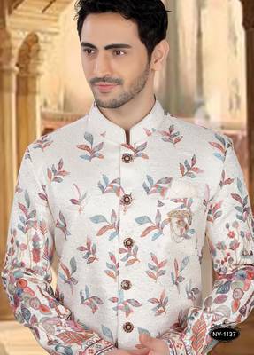 Cream silk embroidery sherwani for mens 3