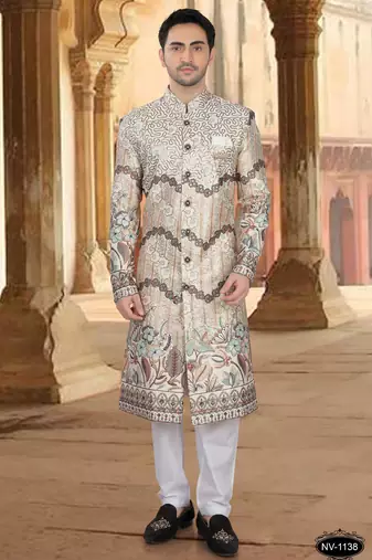 Cream malia silk embroidery sherwani for mens
