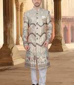 Cream malia silk embroidery sherwani for mens