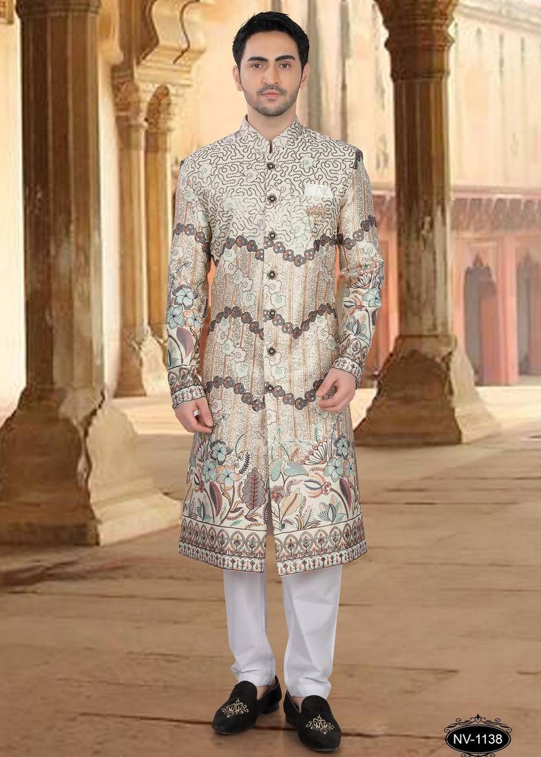 Cream malia silk embroidery sherwani for mens