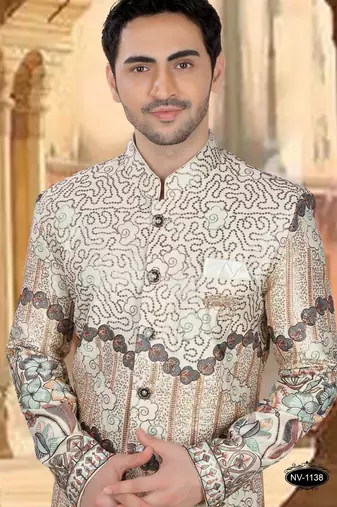 Cream malia silk embroidery sherwani for mens