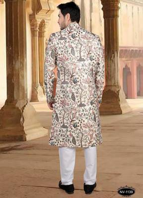 Cream malia silk embroidery sherwani for mens 2