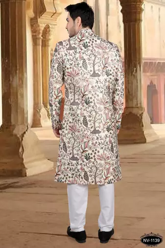 Cream malia silk embroidery sherwani for mens