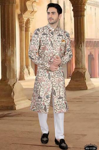 Cream malia silk embroidery sherwani for mens