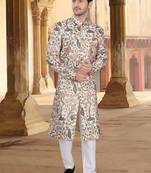 Cream malia silk embroidery sherwani for mens