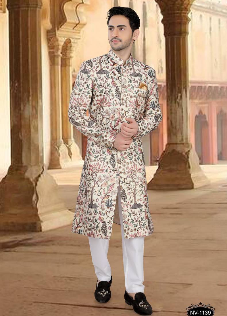 Cream malia silk embroidery sherwani for mens