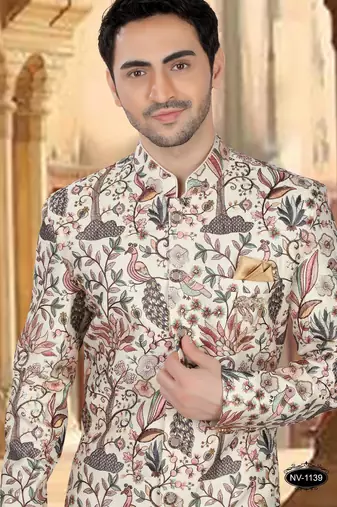 Cream malia silk embroidery sherwani for mens