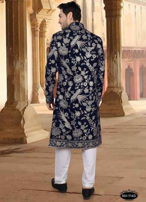 Blue velvet embroidery sherwani for mens 2