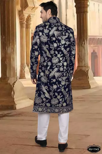 Blue velvet embroidery sherwani for mens