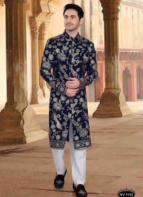 Blue velvet embroidery sherwani for mens 1