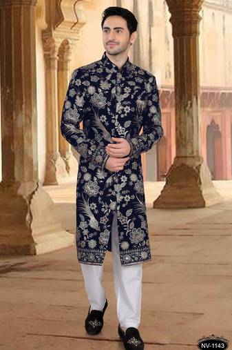 Blue velvet embroidery sherwani for mens