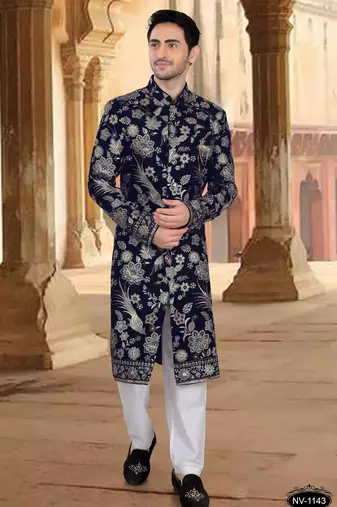 Blue velvet embroidery sherwani for mens