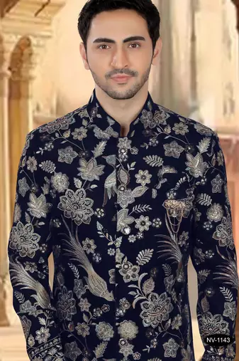Blue velvet embroidery sherwani for mens