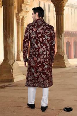 Maroon velvet embroidery sherwani for mens 2