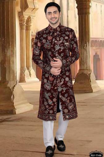 Maroon velvet embroidery sherwani for mens