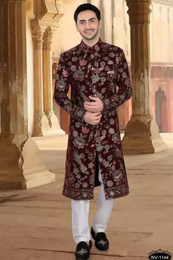 Maroon velvet embroidery sherwani for mens