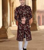 Maroon velvet embroidery sherwani for mens
