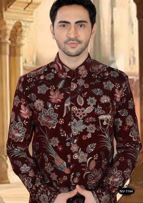 Maroon velvet embroidery sherwani for mens 3
