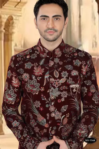 Maroon velvet embroidery sherwani for mens