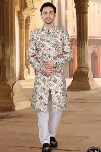 Multicolor malia silk embroidery sherwani for mens