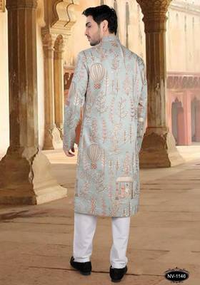 Blue malia silk embroidery sherwani for mens 2
