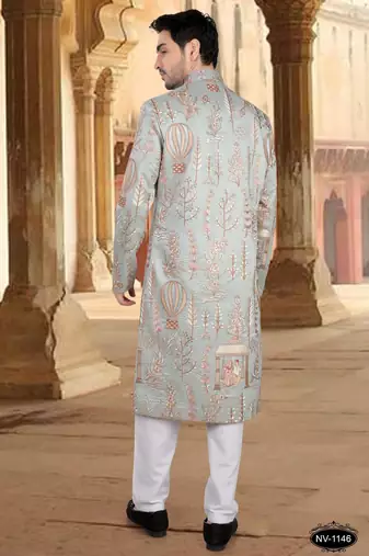 Blue malia silk embroidery sherwani for mens