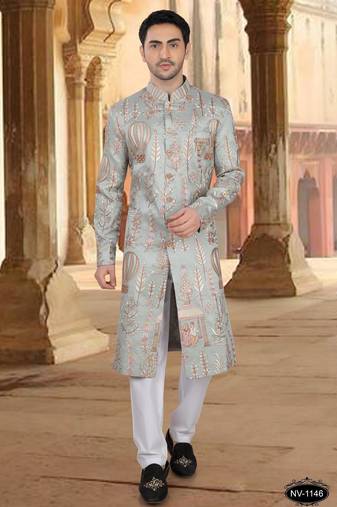 Blue malia silk embroidery sherwani for mens