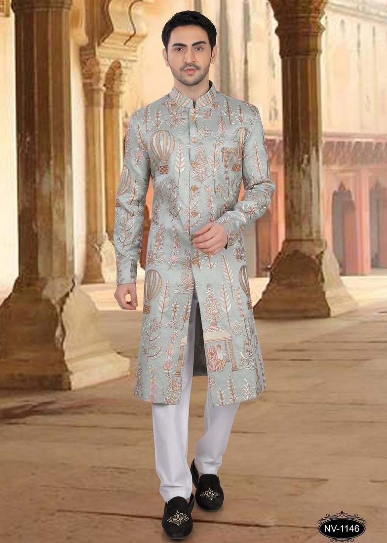 Blue malia silk embroidery sherwani for mens