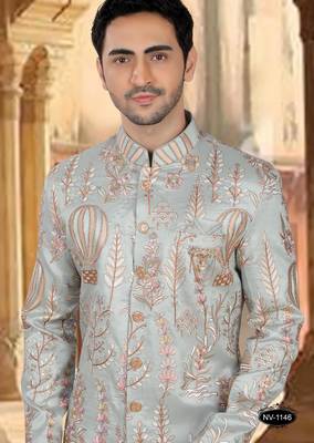 Blue malia silk embroidery sherwani for mens 3