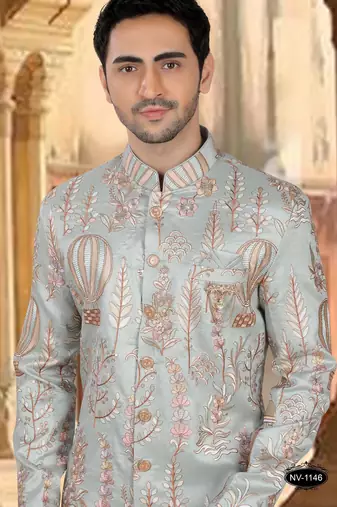 Blue malia silk embroidery sherwani for mens