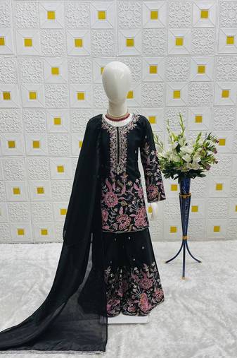 Black heavy chinon silk with embroidery sequence work plazzo set