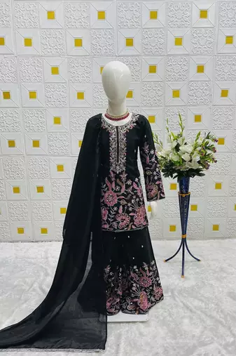 Black heavy chinon silk with embroidery sequence work plazzo set