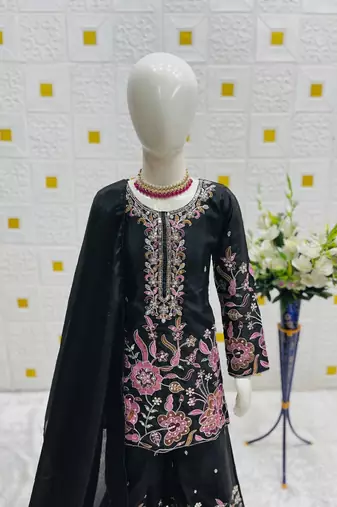 Black heavy chinon silk with embroidery sequence work plazzo set