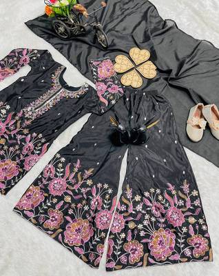 Black heavy chinon silk with embroidery sequence work plazzo set 3