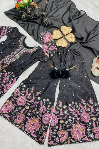 Black heavy chinon silk with embroidery sequence work plazzo set