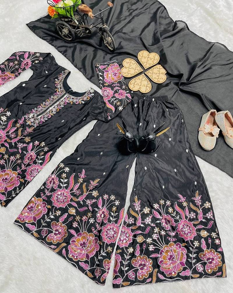 Black heavy chinon silk with embroidery sequence work plazzo set