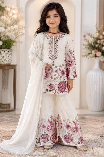 White heavy chinon silk with embroidery sequence work plazzo set