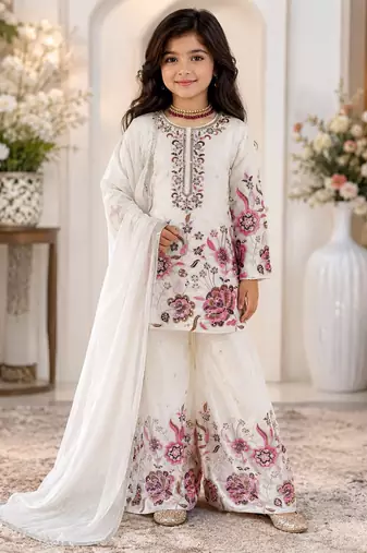 White heavy chinon silk with embroidery sequence work plazzo set