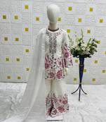 White heavy chinon silk with embroidery sequence work plazzo set