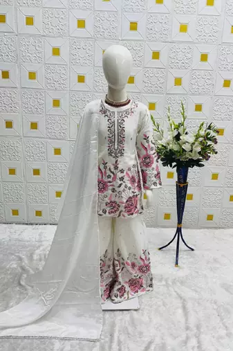 White heavy chinon silk with embroidery sequence work plazzo set