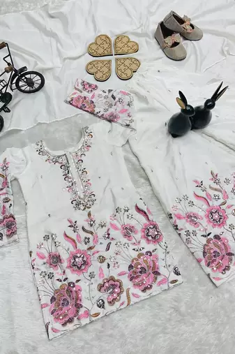 White heavy chinon silk with embroidery sequence work plazzo set