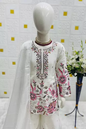 White heavy chinon silk with embroidery sequence work plazzo set
