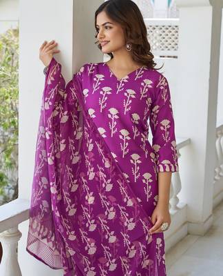 Women Beautiful Cotton Blend Printed Work Straight Kurta Pant and Dupatta Set 2
