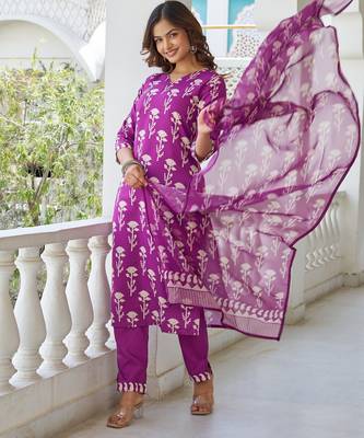 Women Beautiful Cotton Blend Printed Work Straight Kurta Pant and Dupatta Set 3