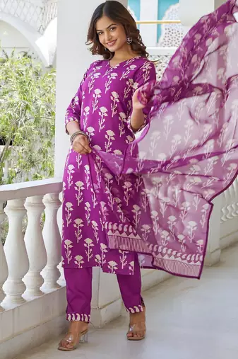 Women Beautiful Cotton Blend Printed Work Straight Kurta Pant and Dupatta Set