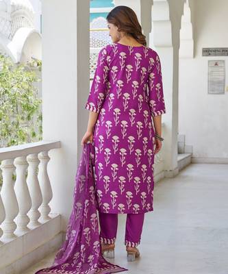 Women Beautiful Cotton Blend Printed Work Straight Kurta Pant and Dupatta Set 4