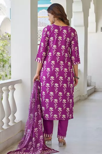 Women Beautiful Cotton Blend Printed Work Straight Kurta Pant and Dupatta Set