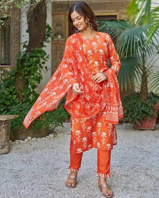 Women Beautiful Cotton Blend Printed Work Straight Kurta Pant and Dupatta Set 3