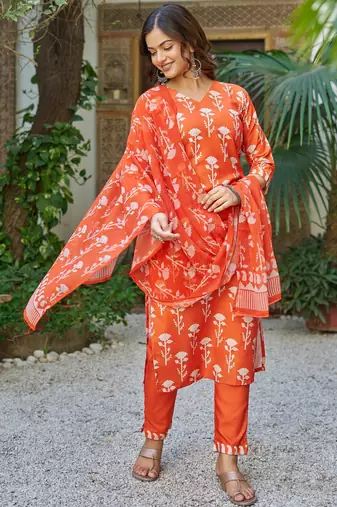 Women Beautiful Cotton Blend Printed Work Straight Kurta Pant and Dupatta Set