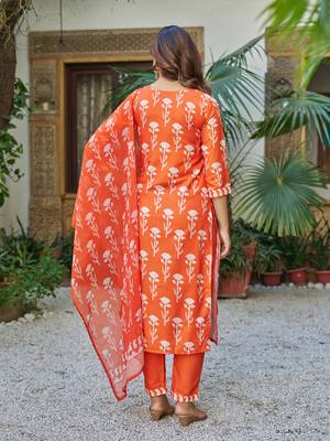 Women Beautiful Cotton Blend Printed Work Straight Kurta Pant and Dupatta Set 4